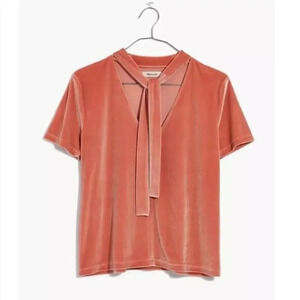 Madewell Peach Velvet Tie Neck Short Sleeve Top XS